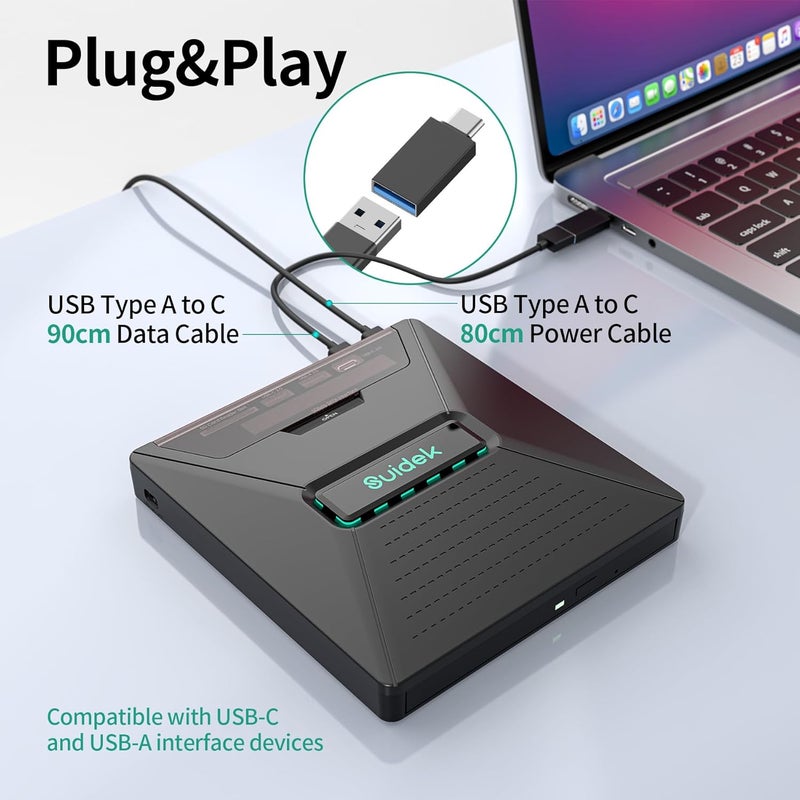 SUIDEK CD DVD Drive External, Portable CD DVD Driver +/-RW Burner with 2.5" SATA,SD Card Reader and USB A Type C 2.0 Hub Compatible with Laptop PC - Image 4